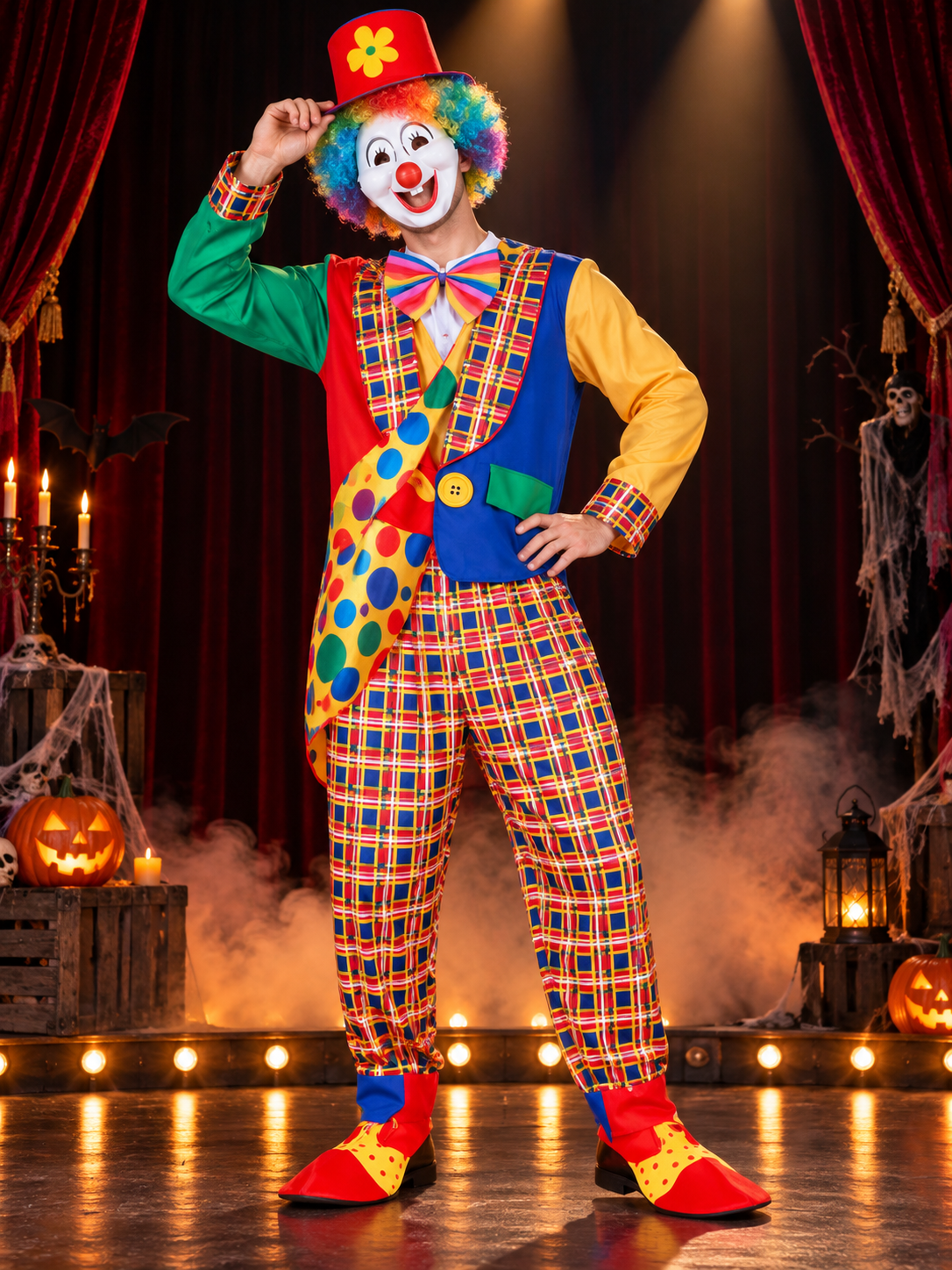 Adult Clown Costume, 4 Pieces, Multicolor
