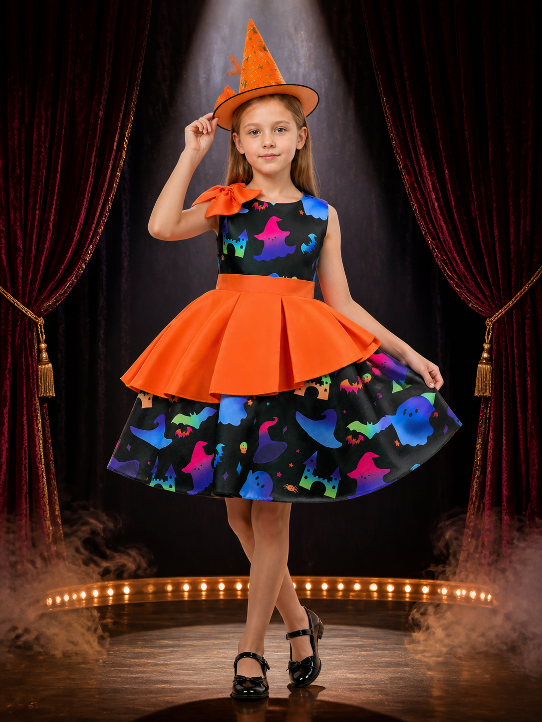 Girls' Halloween Witch Costume Dress Set With Printed Skirt And Witch Hat Costume Dresses detail 3