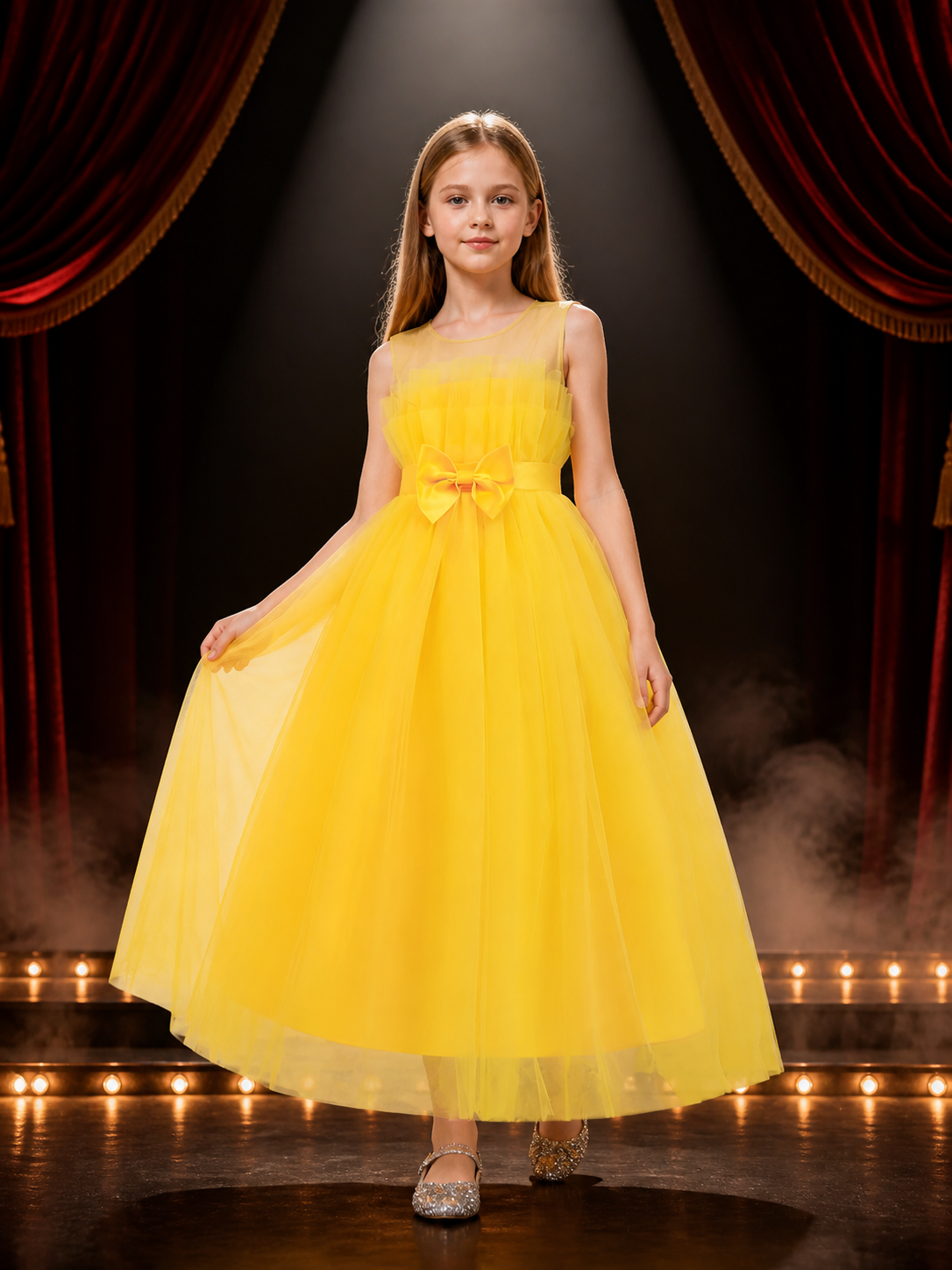 Girls' Yellow Long Princess Dress with Layered Tulle and Double Bows Costume Dresses detail 3