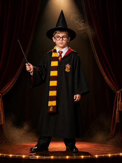Wizard Costume Set With Hooded Robe, Shirt, Trousers, Tie, Scarf, Hat, Glasses & Costume Headwear detail 3