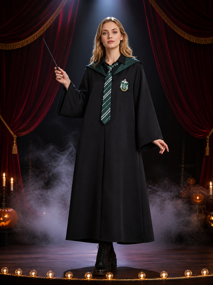 Slytherin Wizard Robe and Tie Costume Set with Hooded Cloak Costume Capes detail 3