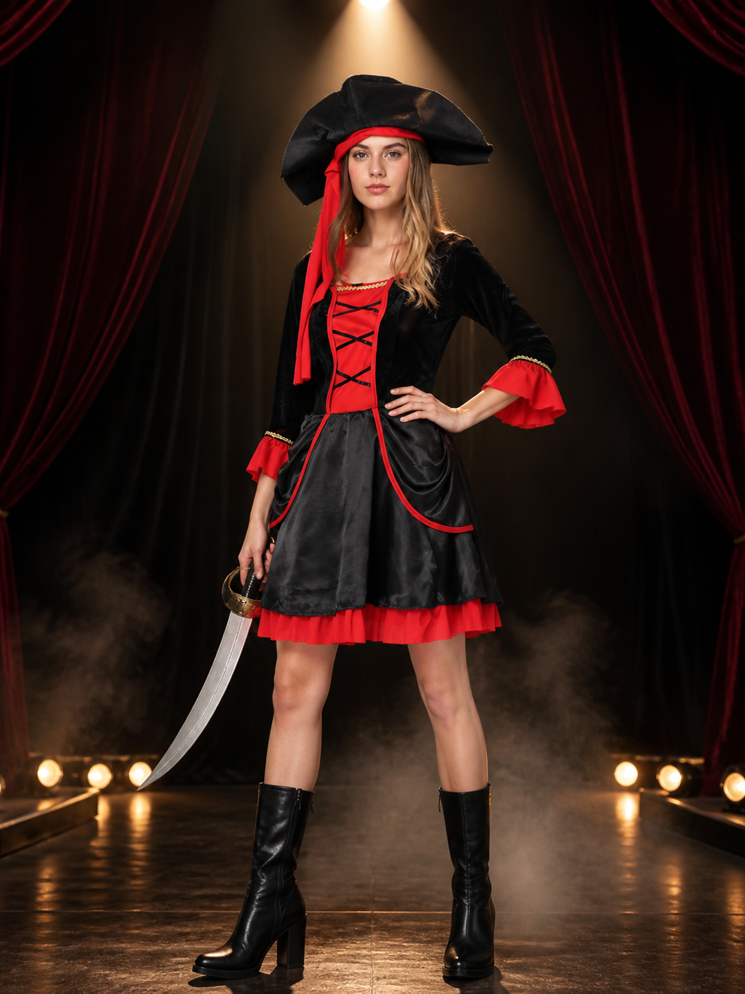 Women's Pirate Costume Set, Black and Red Dress with Hat, Cross Lace Up for Costume Dresses detail 3