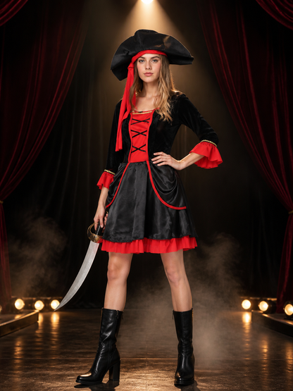 Women's Pirate Costume Set, Black and Red Dress with Hat, Cross Lace Up for Costume Dresses detail 3