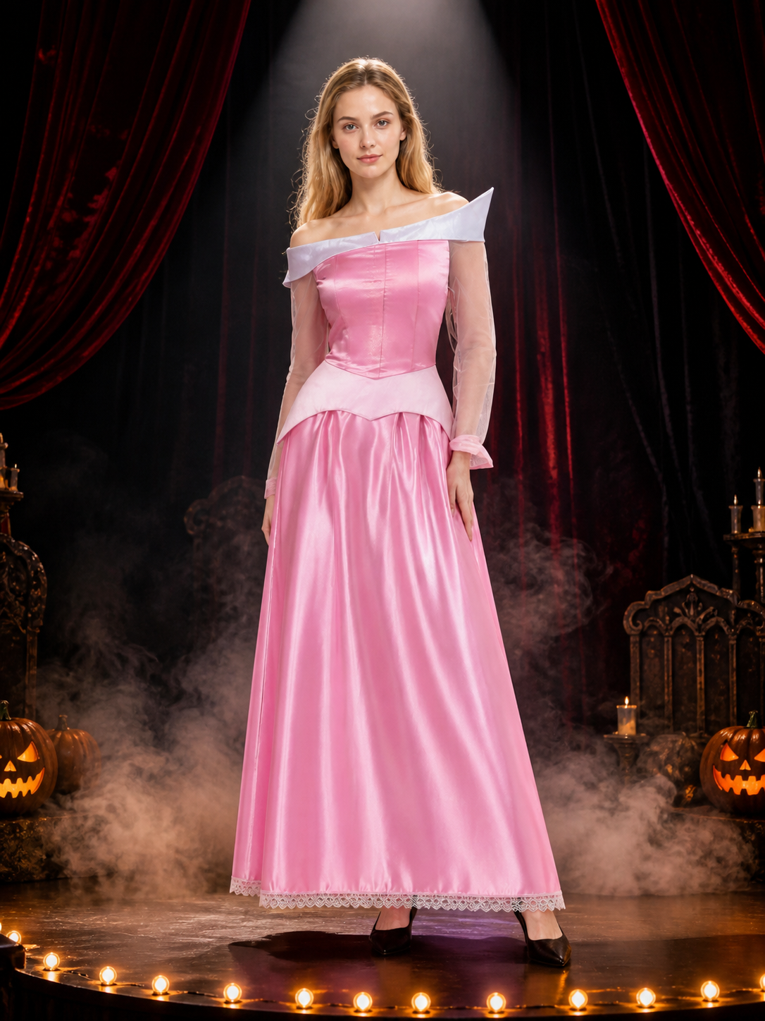 Women's Sleeping Beauty Princess Pink Off-Shoulder Long Sleeve Costume Dress on-model stage scene view