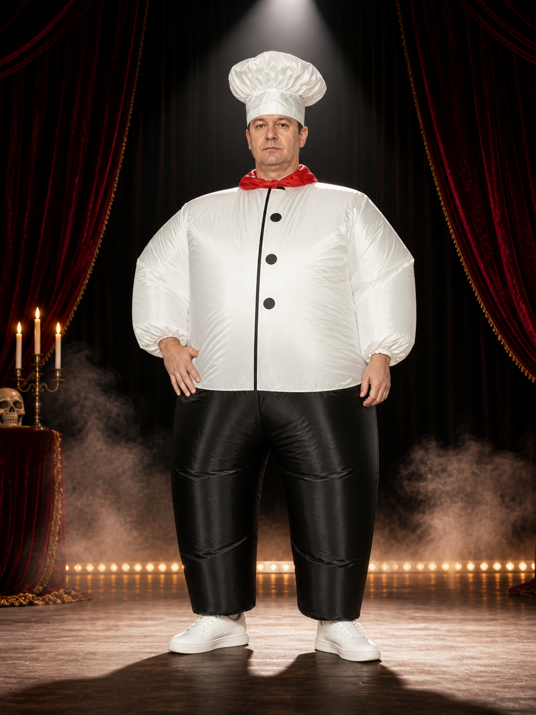Adult Chef Costume Set with White Coat, Black Pants, Chef Hat and Red Scarf Costume Headwear detail 3