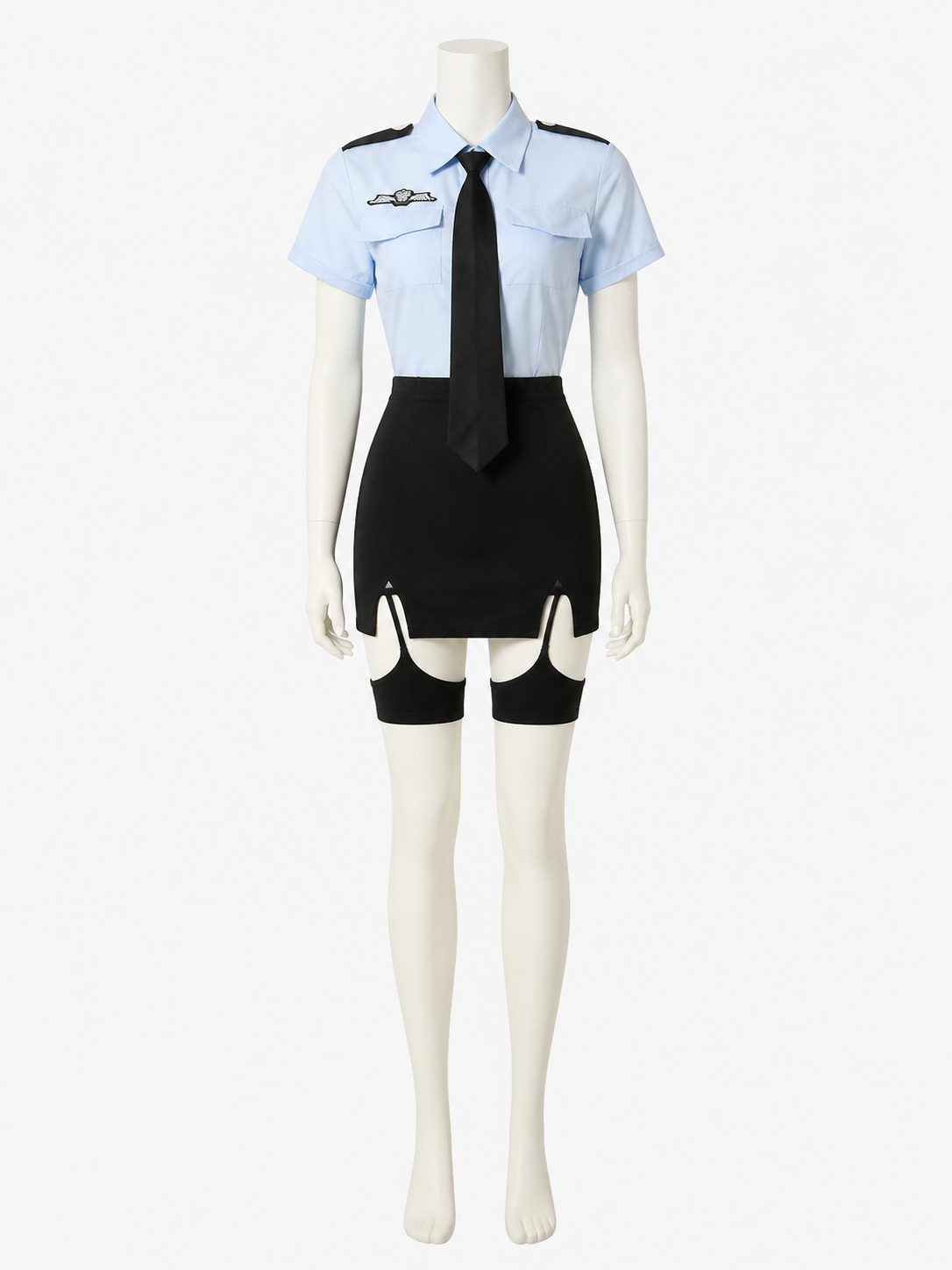 Women's Police Officer Costume Set, Light Blue Short Sleeve Top with Tie and Costumes detail 3