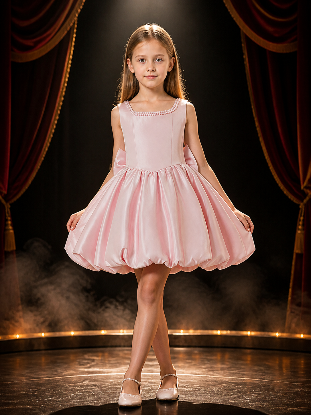 Girls' Pink Princess Dress, Sleeveless Pearl Neckline and Bow Back, Pleated Full Costume Dresses detail 3