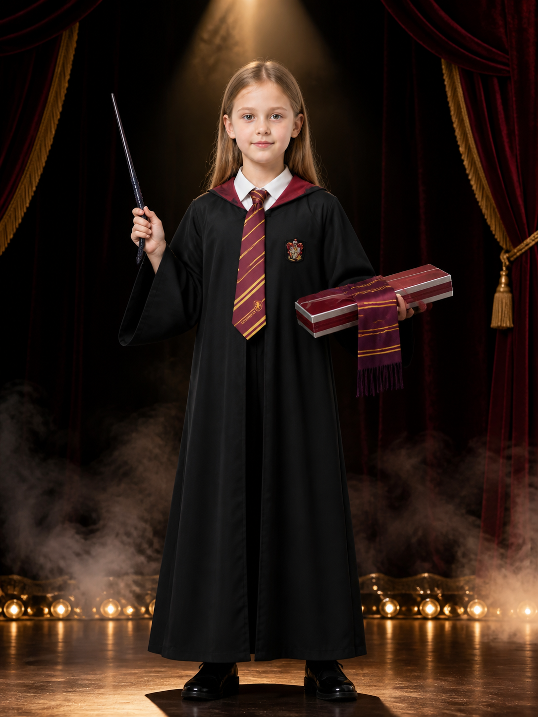 Kids Black Hooded Wizard Robe Costume Set with Tie, Scarf and Wand Costume Accessories detail 3