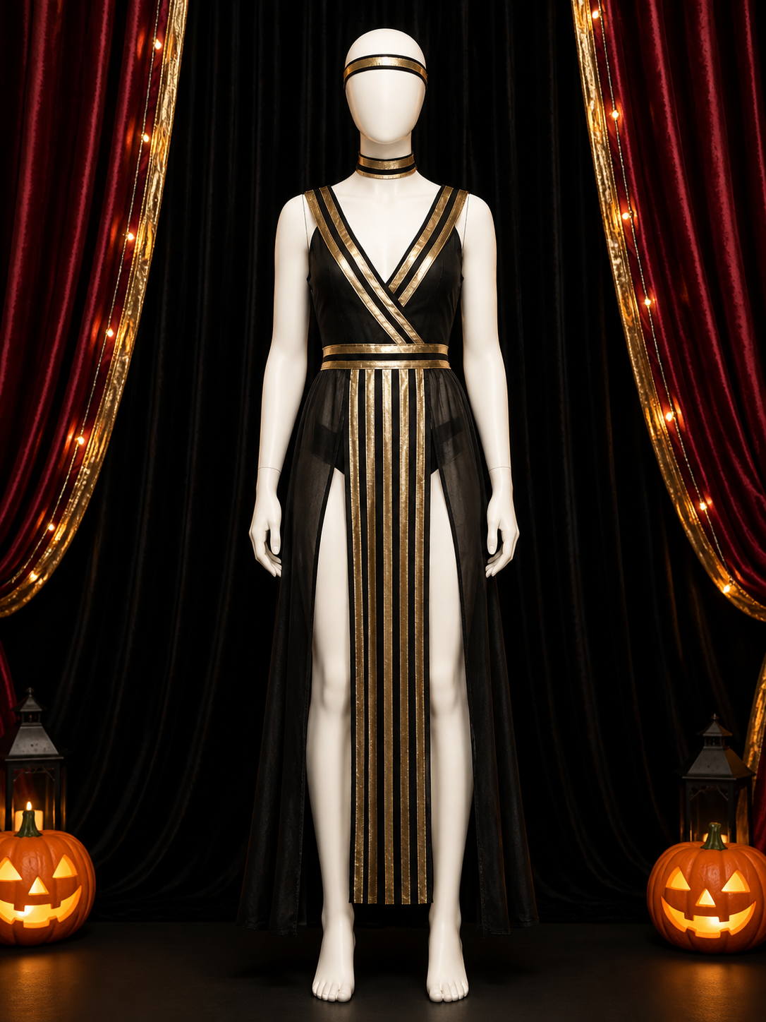 Egyptian Queen Black and Gold Halloween Dress Costume Set with Headpiece, Collar Costume Dresses detail 3