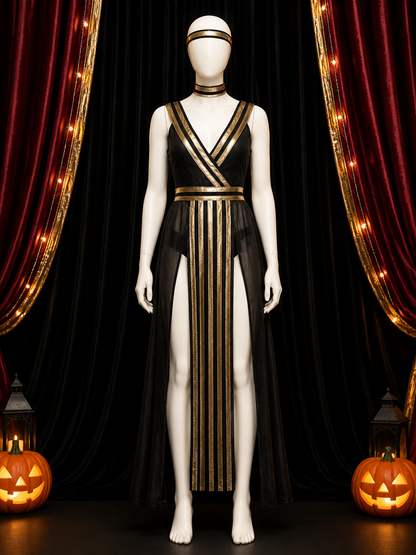 Egyptian Queen Black and Gold Halloween Dress Costume Set with Headpiece, Collar Costume Dresses detail 3