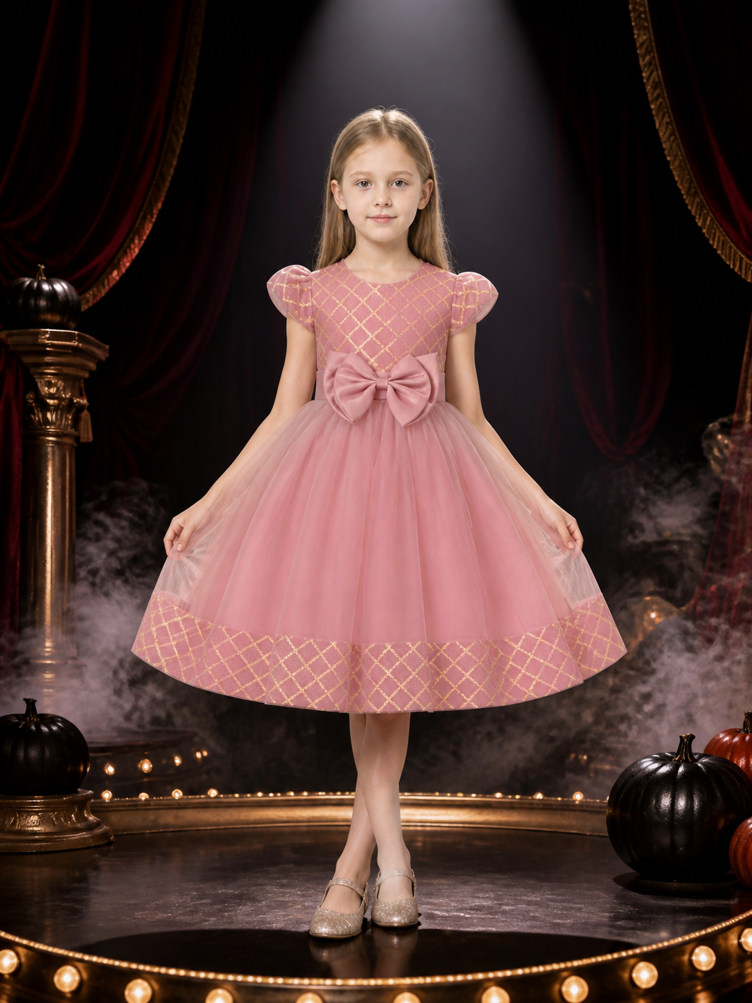 Toddler Girls' Pink Princess Formal Dress, Puff Sleeves, Oversized Bow, Gold Costume Dresses detail 3
