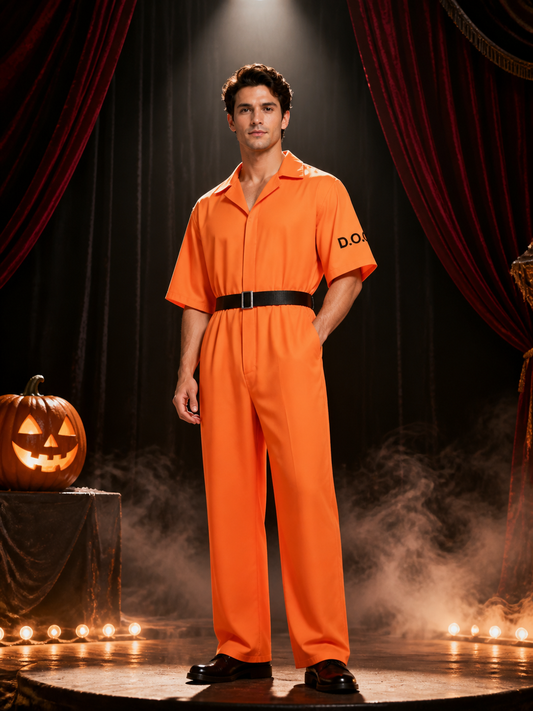 Orange Plus Size Prisoner Jumpsuit Costume, Collared Short-Sleeve Halloween Costumes detail 3