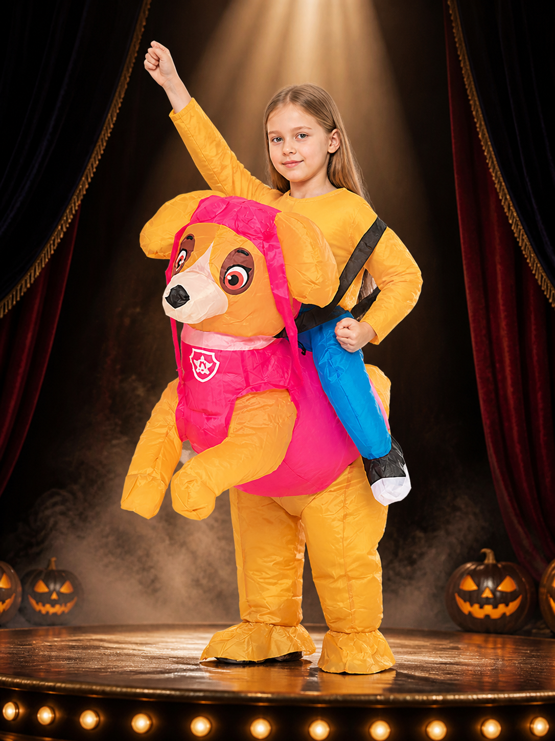 Cartoon Dog Inflatable Bodysuit, Orange Yellow with Pink Vest - Funny Halloween Costumes detail 3