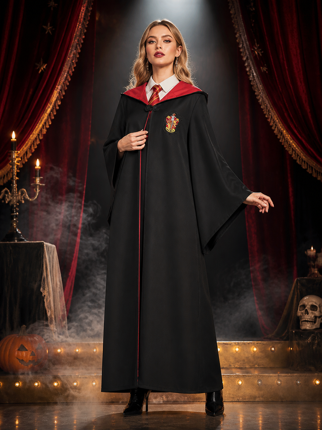 Gryffindor Wizard Robe Costume Set, Black Hooded Cape with Red & Gold Tie