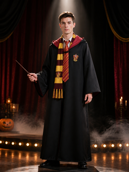 Kids Wizard Robe Costume Set, Hooded Black Cloak With Red And Yellow Striped Tie Costume Capes detail 3