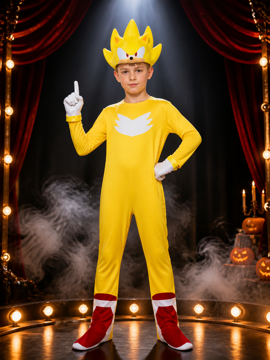 Yellow Spiked Character Bodysuit Halloween Costume Set with Headpiece and Gloves Costume Headwear detail 3