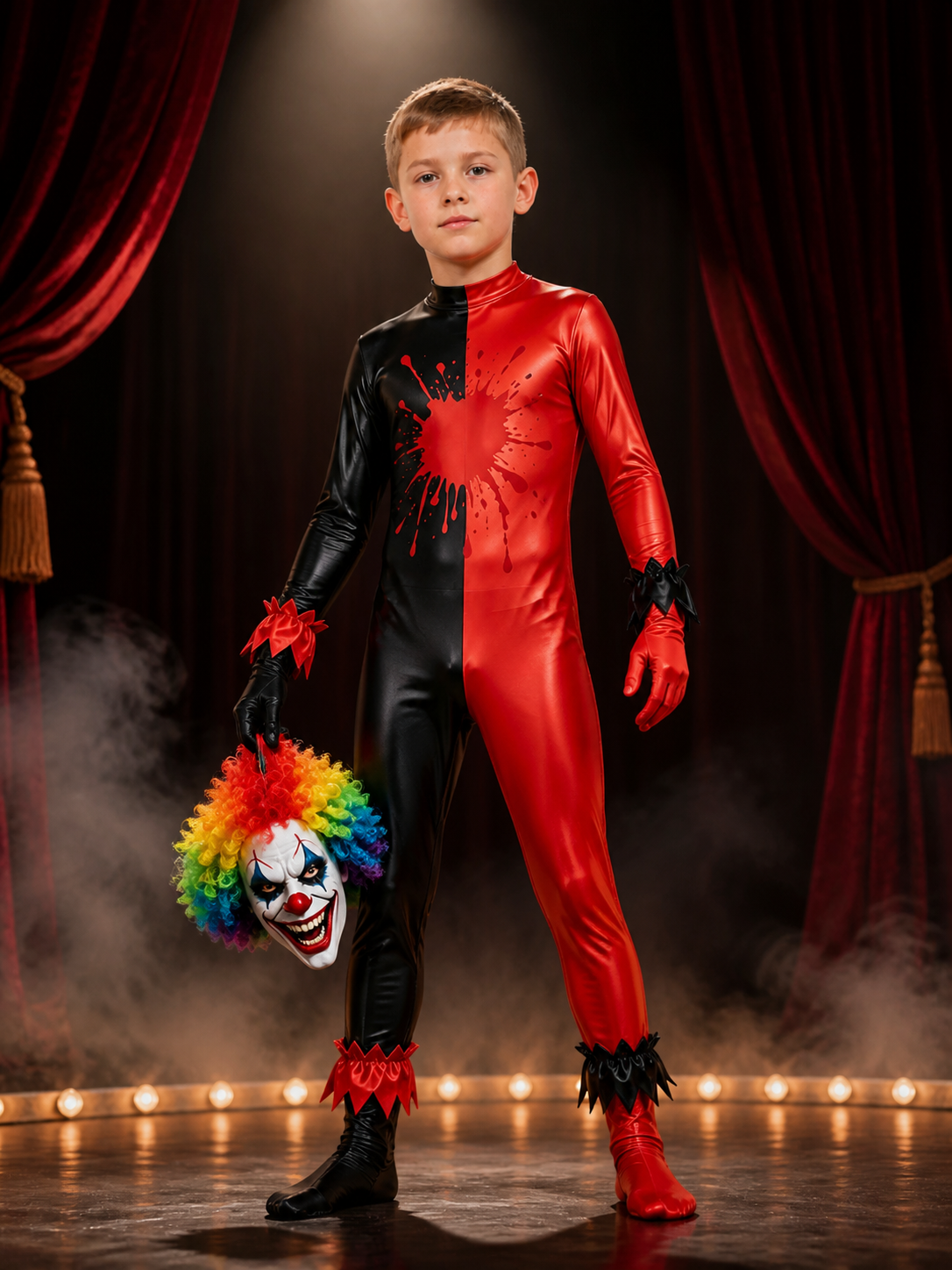 Unisex Halloween Clown Bodysuit Costume, Black Red Blood Splatter Stretch on-model stage scene view