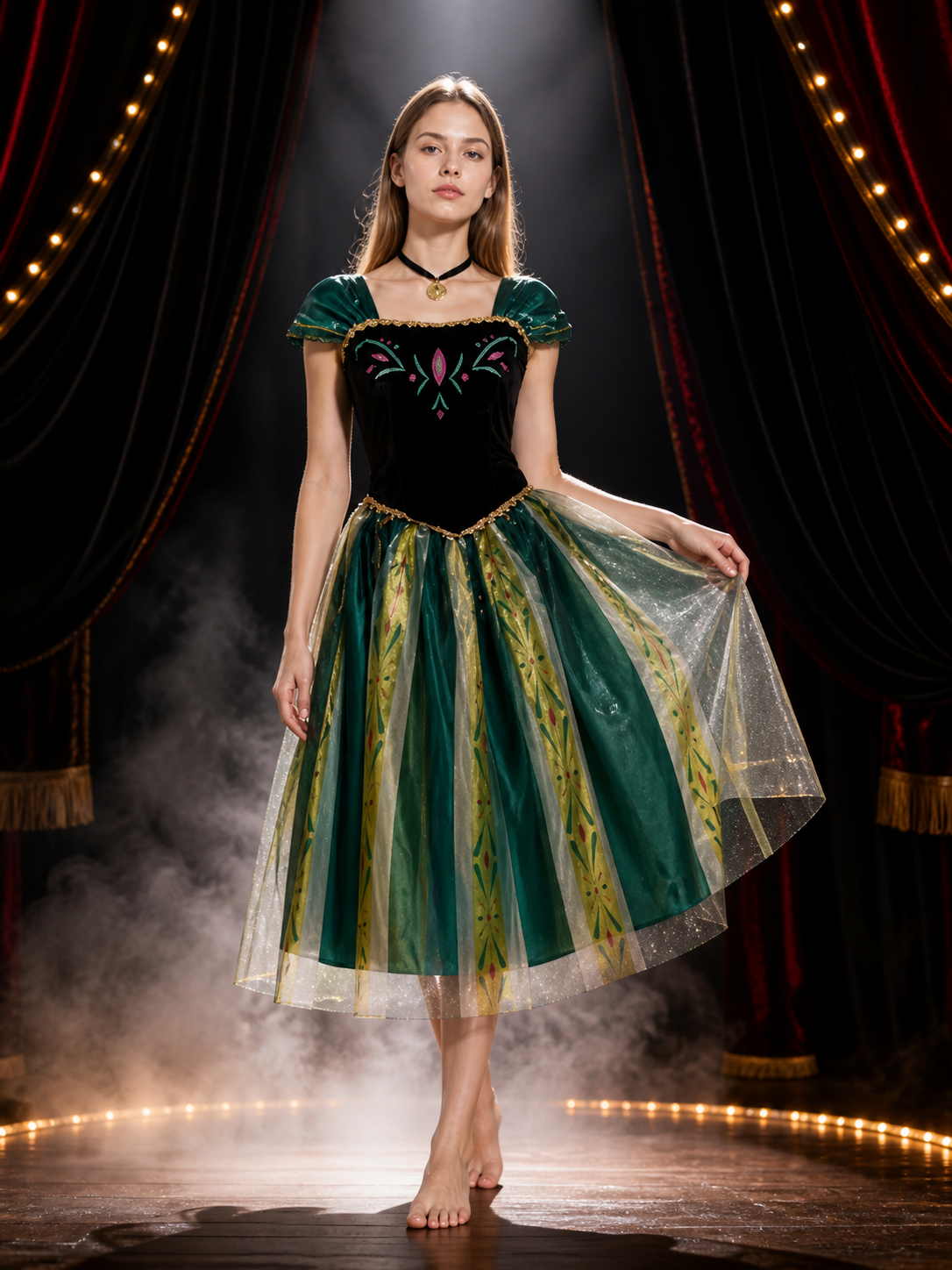 Adult Princess Cosplay Dress, Embroidered Green Black Gold Gown With Necklace Costume Dresses detail 3