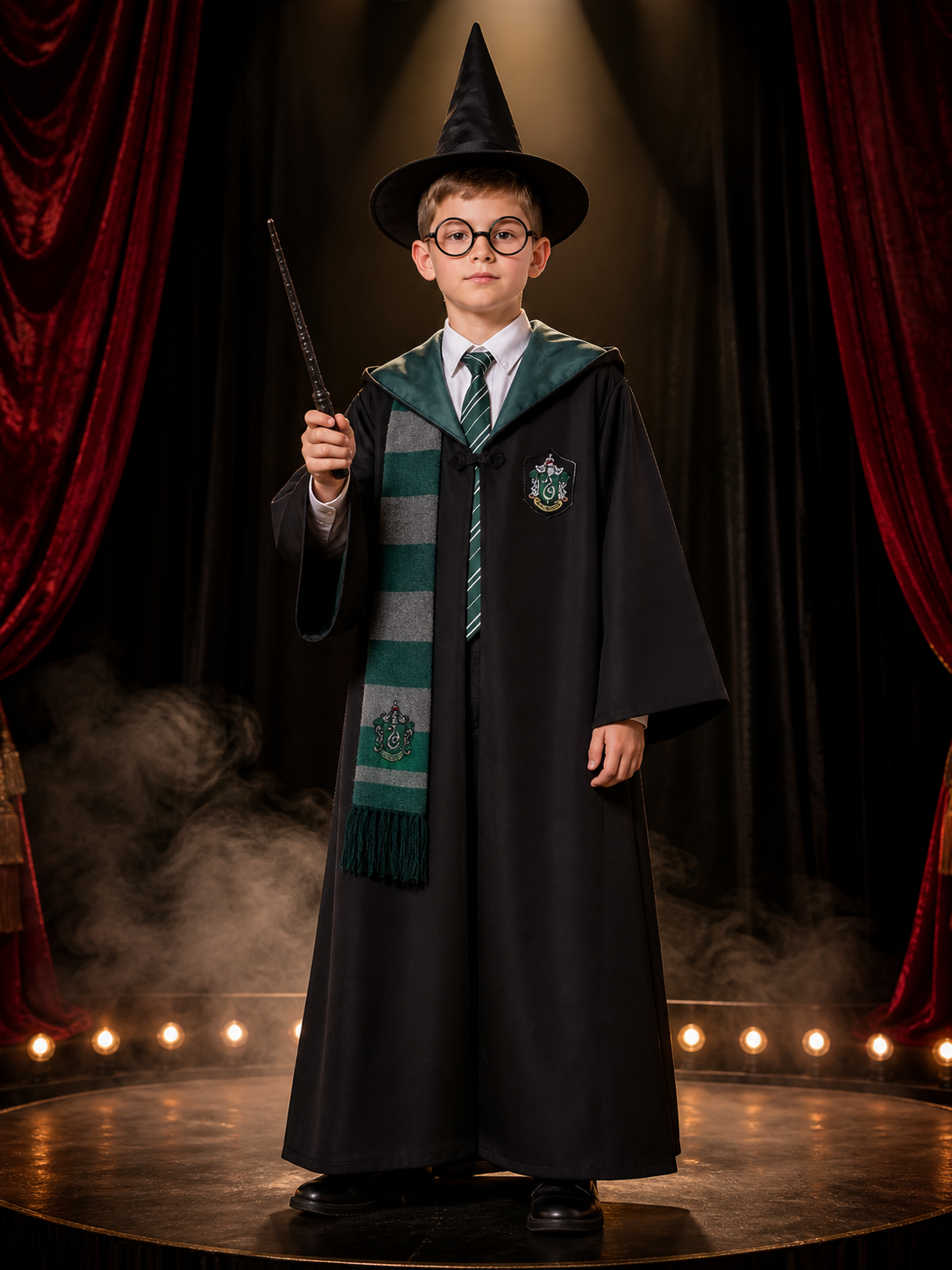 Kids Slytherin Wizard Robe Costume Set with Green Tie, Scarf, Pointed Hat, Black Costume Headwear detail 3