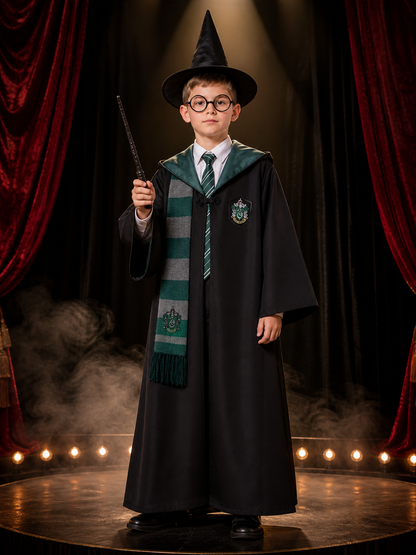 Kids Slytherin Wizard Robe Costume Set with Green Tie, Scarf, Pointed Hat, Black Costume Headwear detail 3