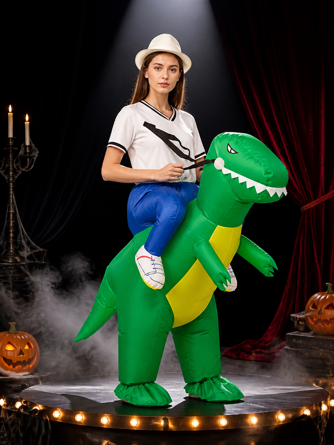 Inflatable Green Dinosaur Costume One-Piece With Large Head And Tail For Costumes detail 3