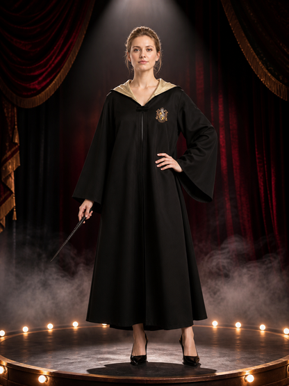 Women's Academy-Themed Hooded Wizard Robe Costume, Black and Gold Costumes detail 3