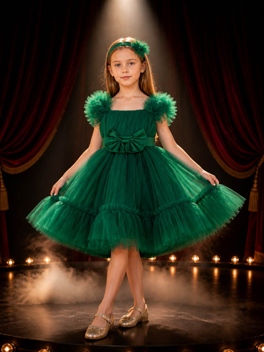 Girls' Green Princess Dress with Puff Sleeves, Layered Tulle Skirt and Bow Costume Dresses detail 3
