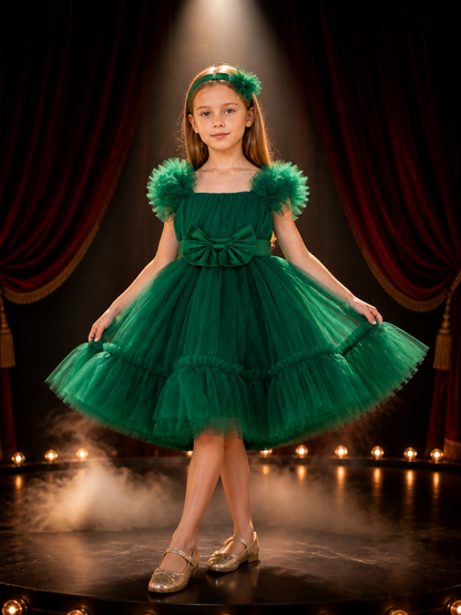 Girls' Green Princess Dress with Puff Sleeves, Layered Tulle Skirt and Bow Costume Dresses detail 3