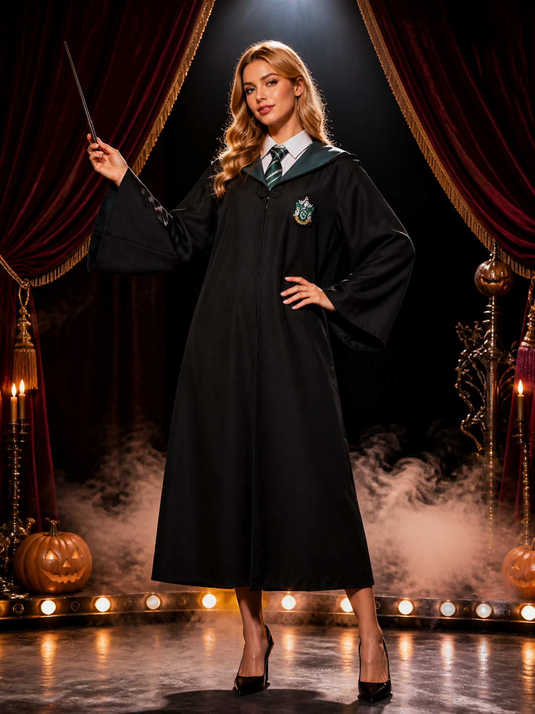 Kids Wizard Robe Set with Crest, Dark Green Hood & Striped Tie, Halloween Costumes detail 3