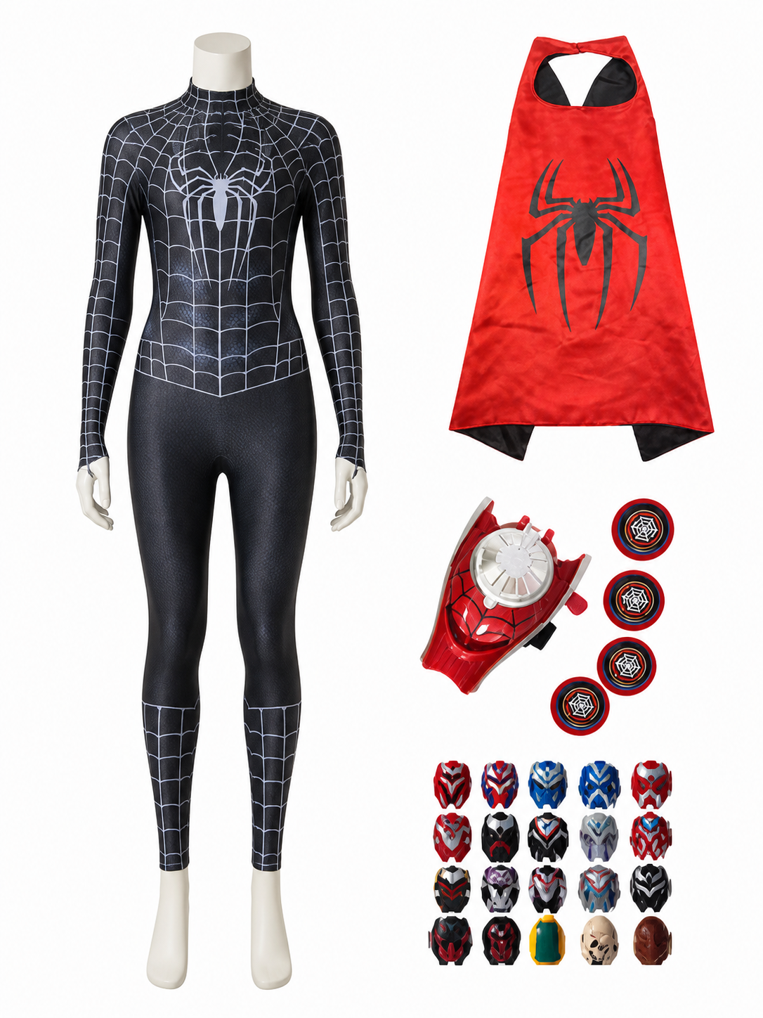 Kids' Black Spider Web Bodysuit Costume with Hooded Mask, Cape, Toy and Launcher Costume Capes detail 2