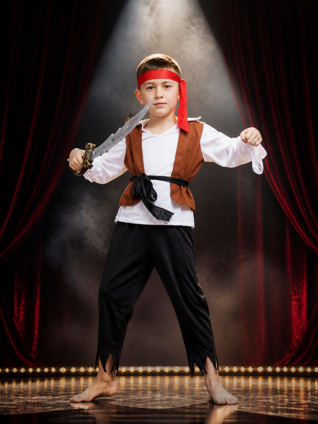 Kids Pirate Costume Set, Brown Vest & Torn Pants, Halloween Party Outfit Costumes detail 3