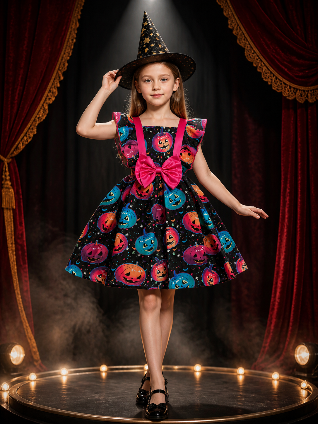 Girls' Witch Costume Dress Set With Pumpkin Print, Ruffle Sleeves And Hat Costume Dresses detail 3
