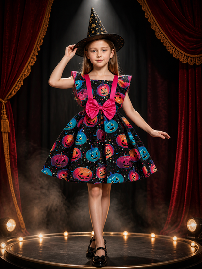 Girls' Witch Costume Dress Set With Pumpkin Print, Ruffle Sleeves And Hat Costume Dresses detail 3