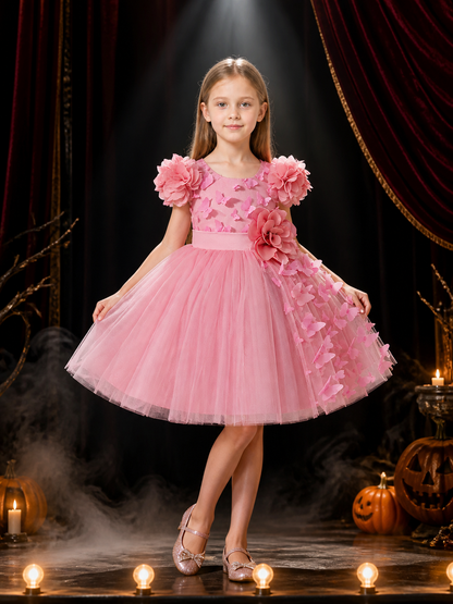 Toddler Girls' Pink Princess Dress, Sleeveless Tulle Party Dress With 3D Flowers Costume Dresses detail 3