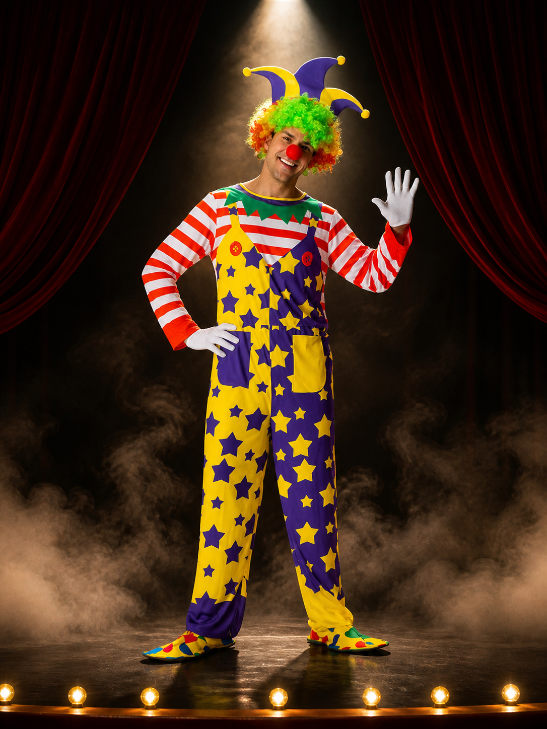 Unisex Adult Clown Jumpsuit Costume Set with Star Print, Striped Sleeves, and Costumes detail 3