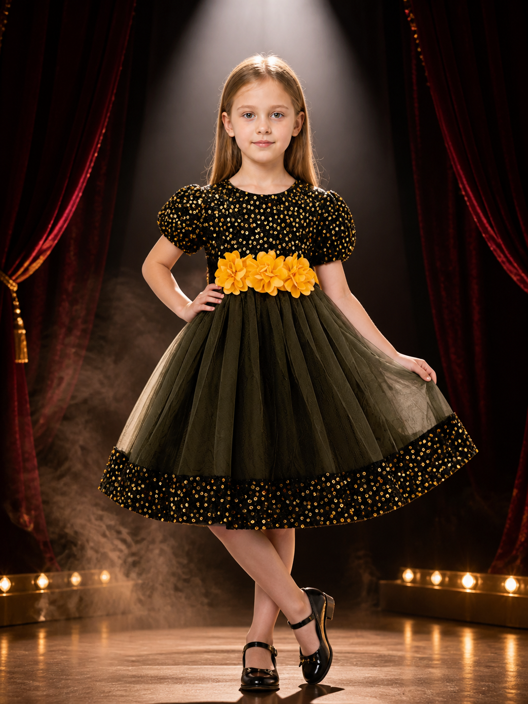 Baby Girls' Sequined Princess Dress with 3D Flowers and Tulle Skirt Costume Dresses detail 3