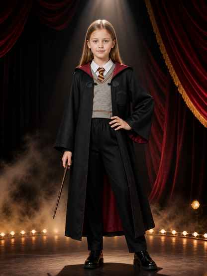 Kids' Wizard Costume Set, Hooded Robe, Gray Top and Black Pants Costumes detail 3