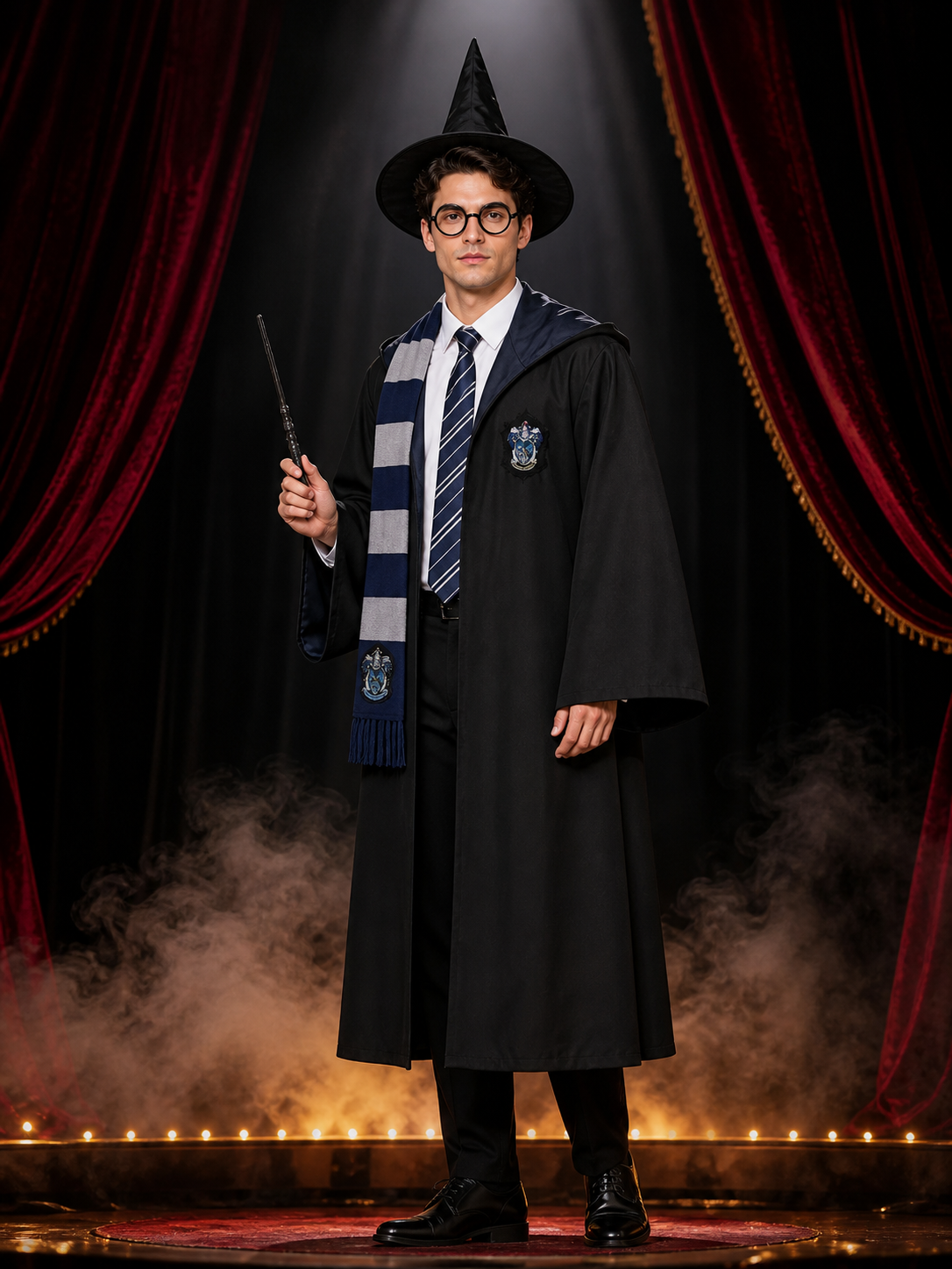 Men's Wizard Costume Set, Hooded Long Robe With Pointed Hat, Glasses, Wand And Costume Headwear detail 3
