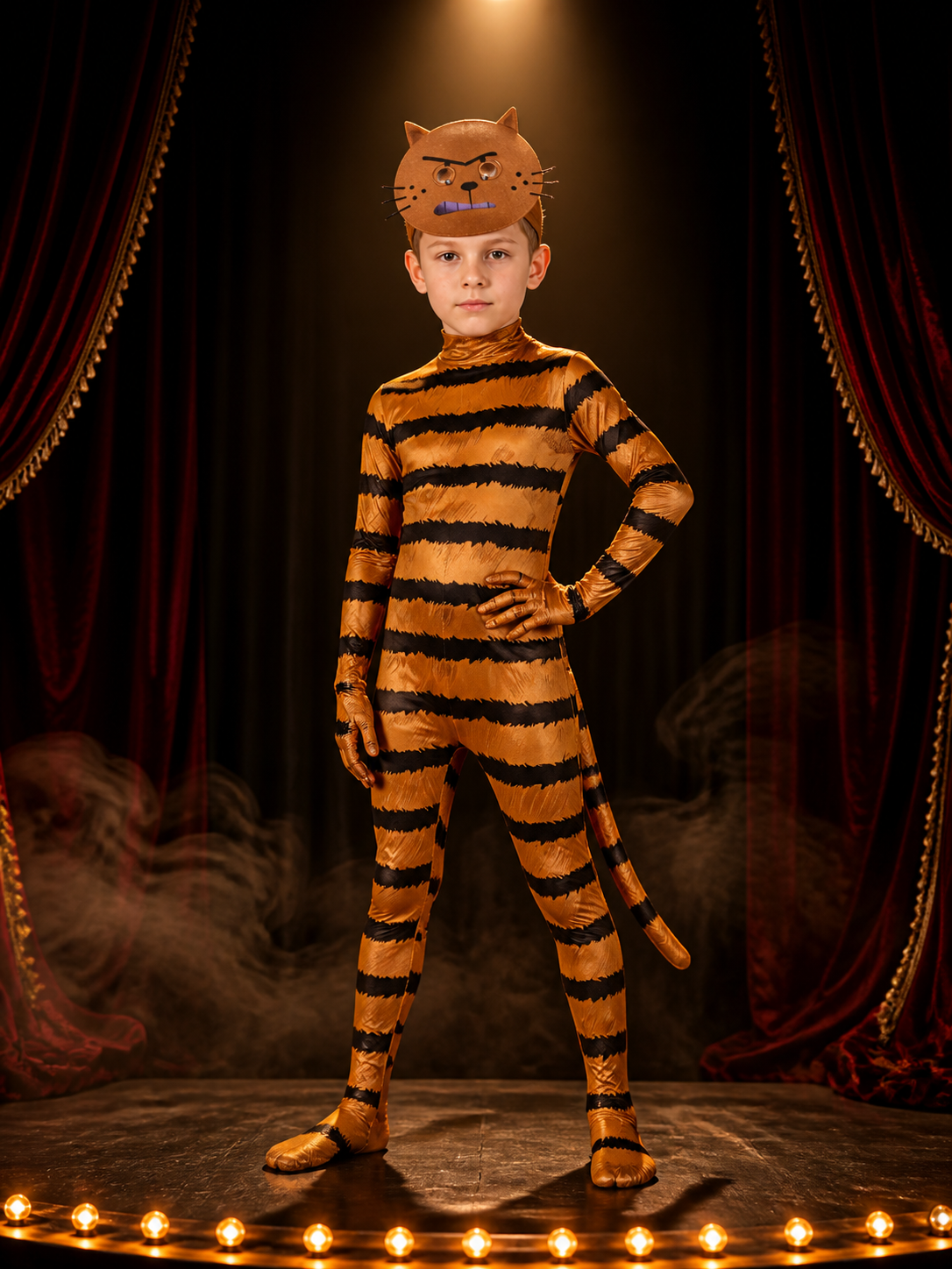 Kids Pet Cat Costume, Orange Black Striped Jumpsuit with Mask, Halloween Cosplay on-model stage scene view