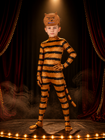 Kids Pet Cat Costume, Orange Black Striped Jumpsuit with Mask, Halloween Cosplay on-model stage scene view