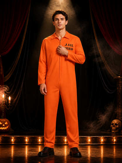 Orange Prisoner Jumpsuit Costume, Collared Long Sleeve Zip-Up Halloween Cosplay Costumes detail 3