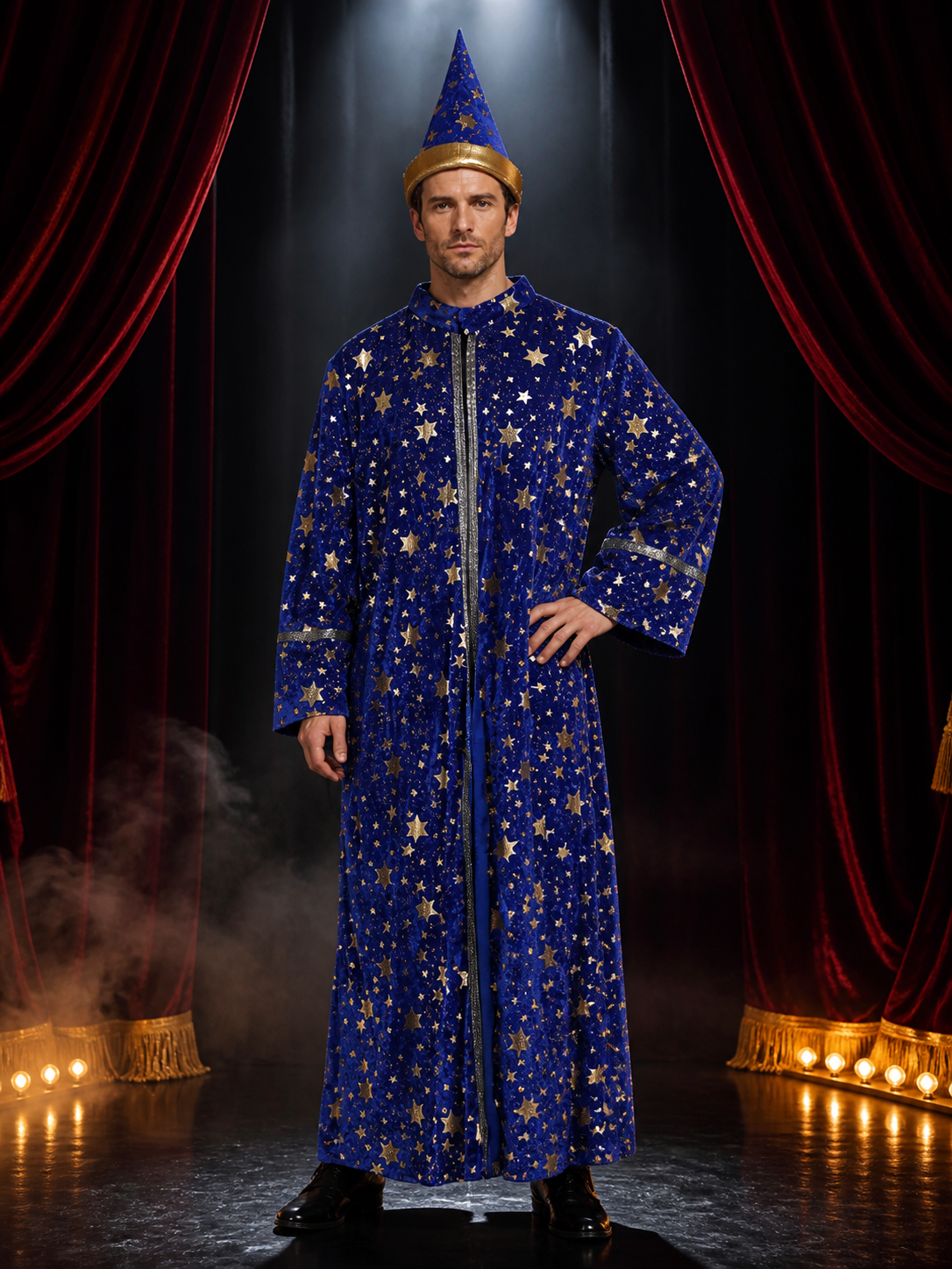 Blue Wizard Robe and Hat Costume Set with Gold Star Moon Print and Silver Trim Costume Headwear detail 3