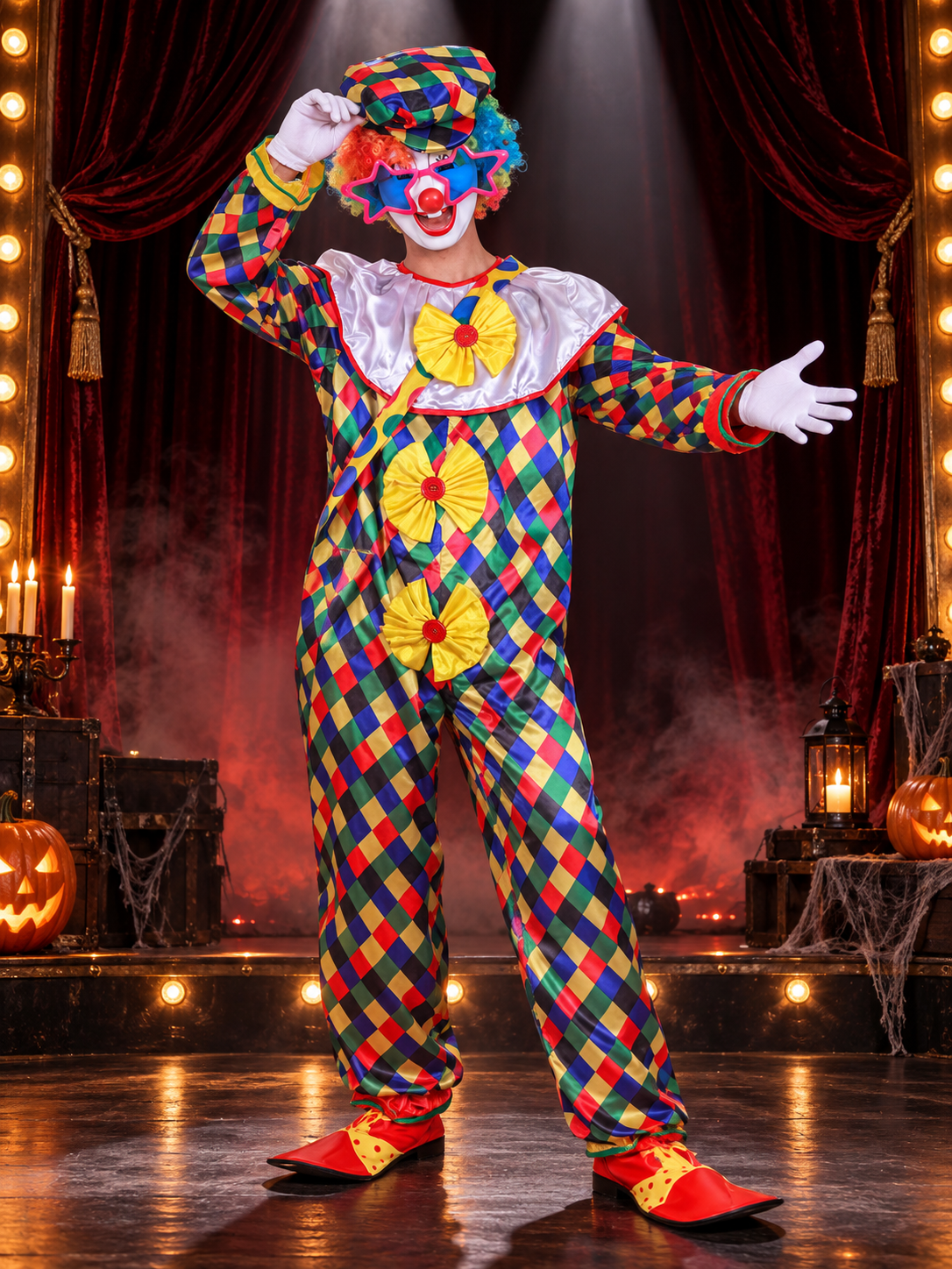 Clown Costume: Diamond-Pattern Jumpsuit, Wig, Mask
