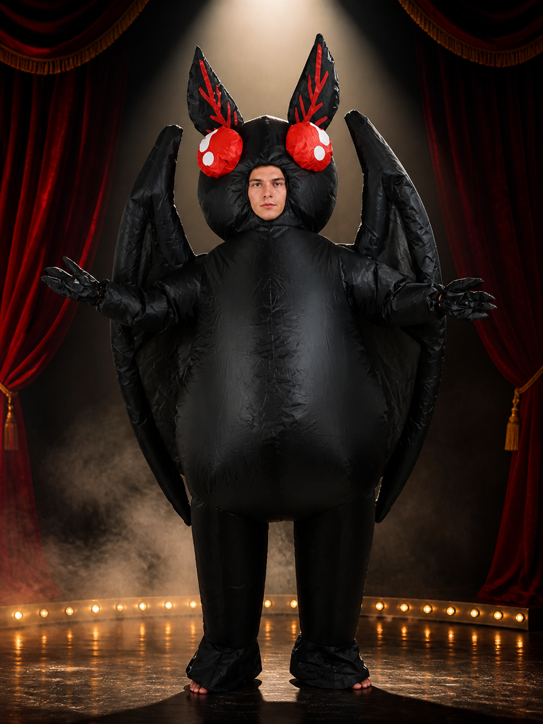 Black Bat Hooded Bodysuit Costume with Wings and Red Eyes - Unisex Halloween Costumes detail 3