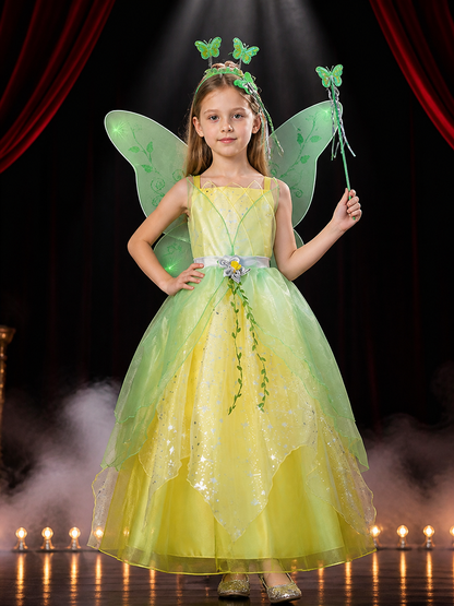 Girls Fairy Princess Costume Dress, Green Layered Tutu with Wings and Flower
