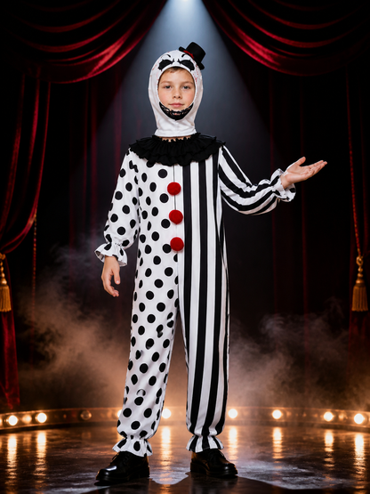 Kids' Clown Jumpsuit Costume with Mask & Hat, Black and White Polka Dot and Costume Masks detail 3