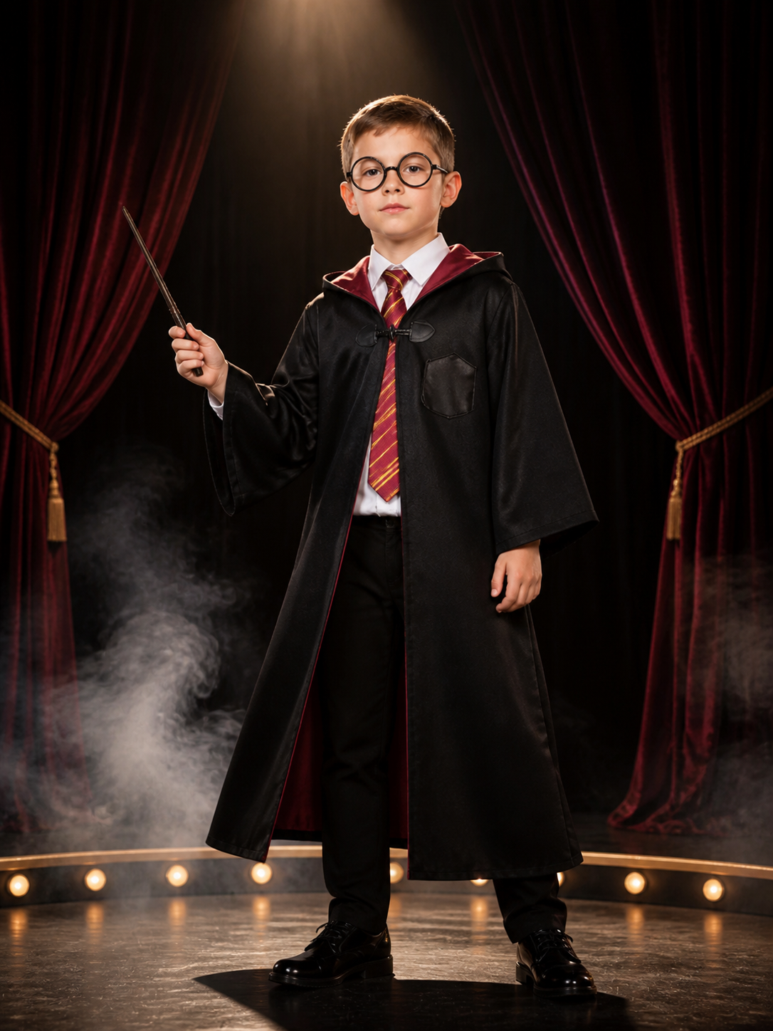 Kids Wizard Costume Set with Hooded Robe, Shirt, Pants, Striped Tie and Glasses Costumes detail 3