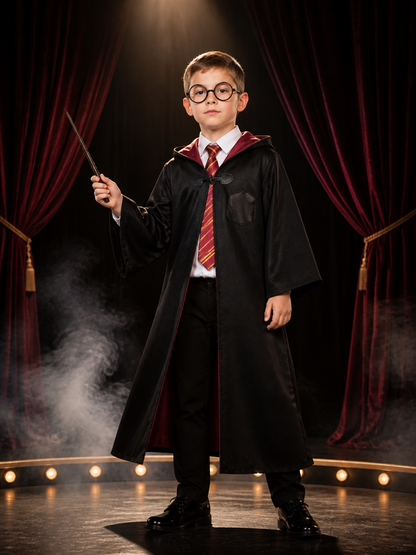 Kids Wizard Costume Set with Hooded Robe, Shirt, Pants, Striped Tie and Glasses Costumes detail 3