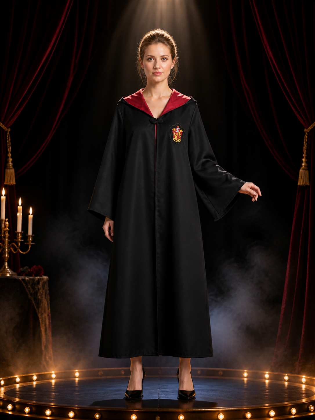 Hooded Wizard Robe Costume, Black Long Cape with Red Inner Lining and School Costume Capes detail 3
