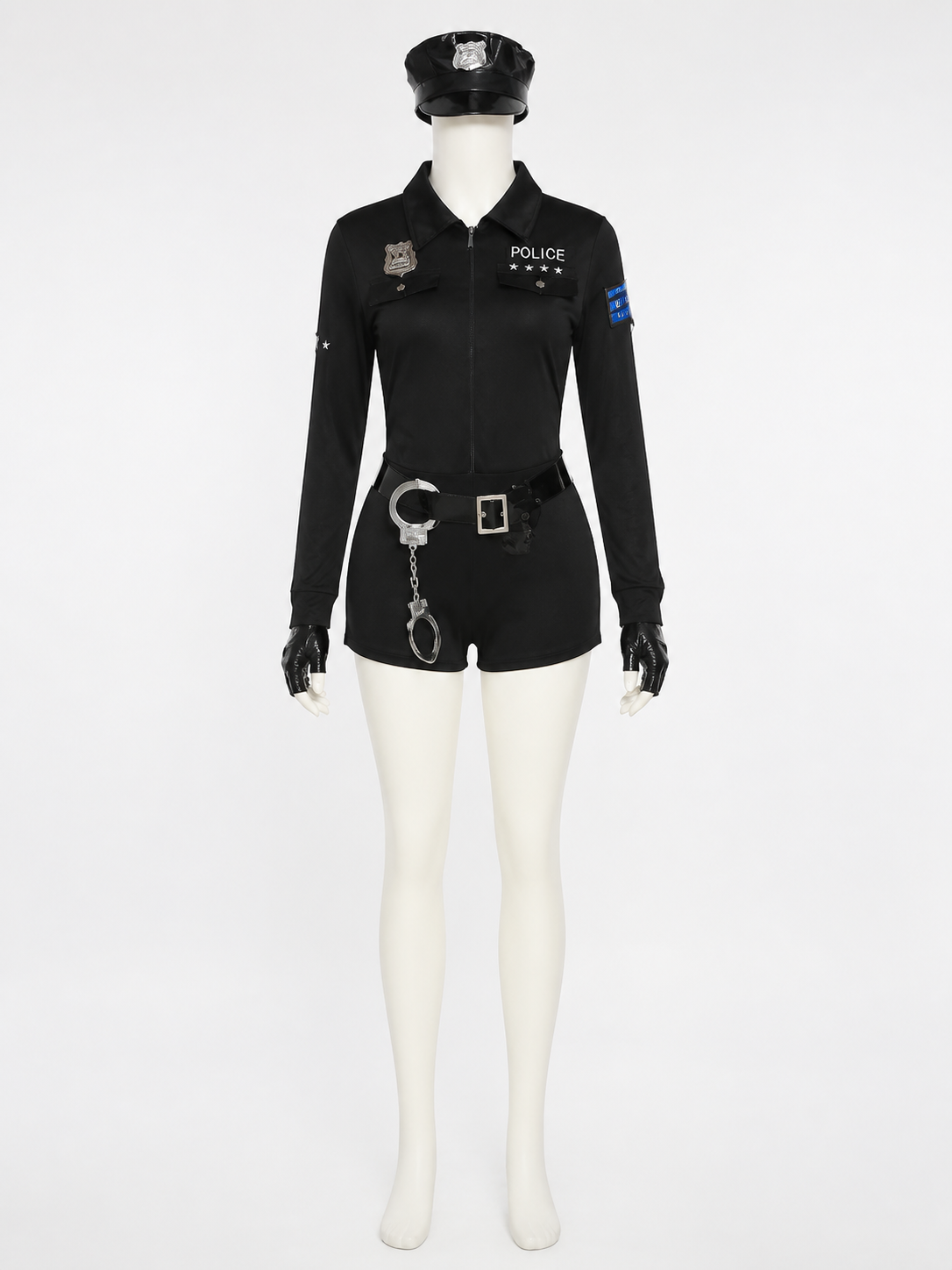 Women's Black Police Jumpsuit Costume Set with Hat, Belt, Gloves and Handcuffs Costume Headwear detail 3